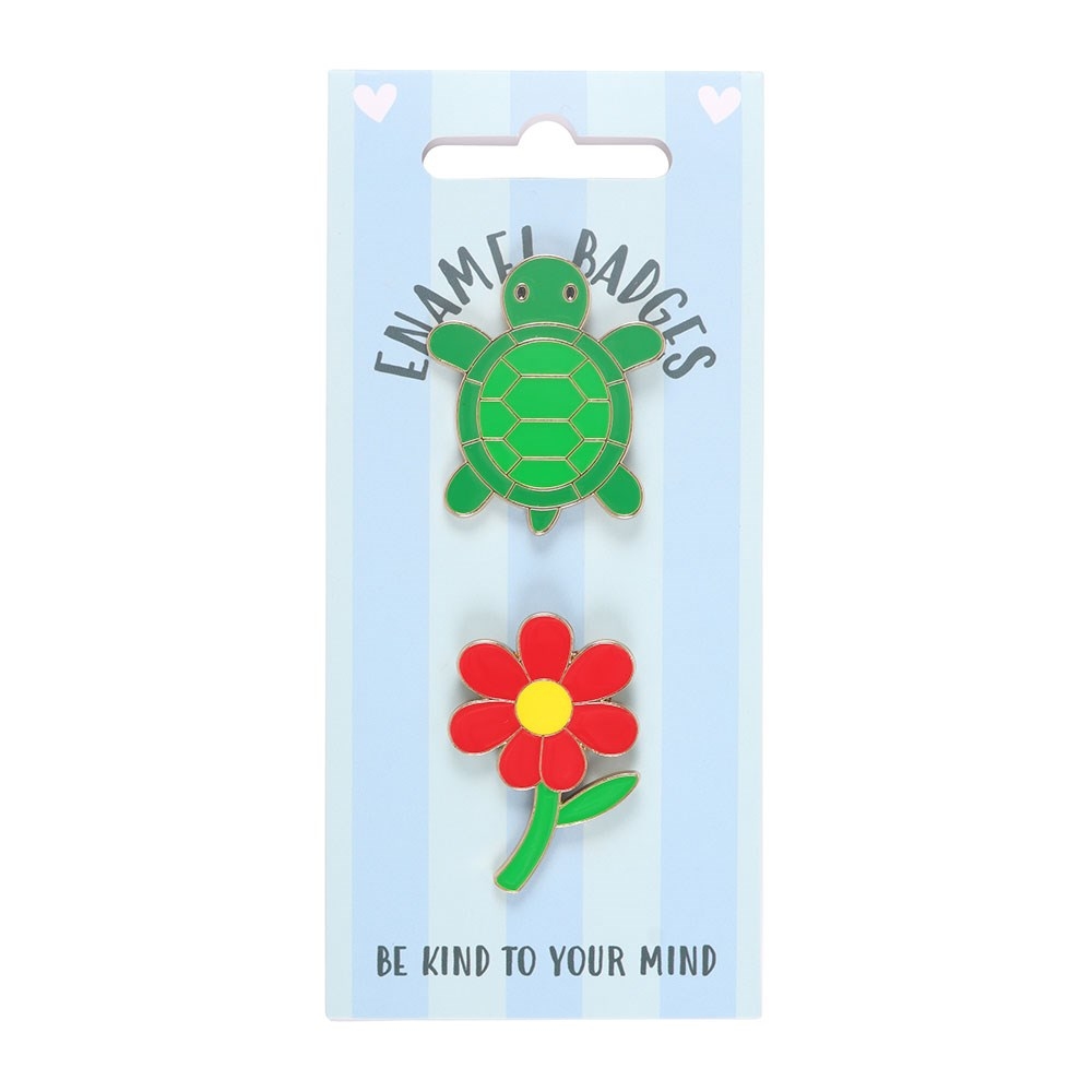 Something Different - Set of 2 Turtle and Flower Pin Bouton broche - Multicolore